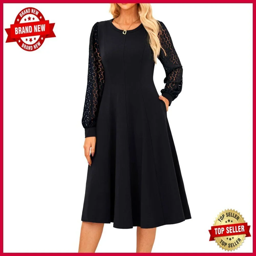 Elegant Lace Sleeve Midi Dress Flowy A-Line Casual Summer Crewneck with Pockets